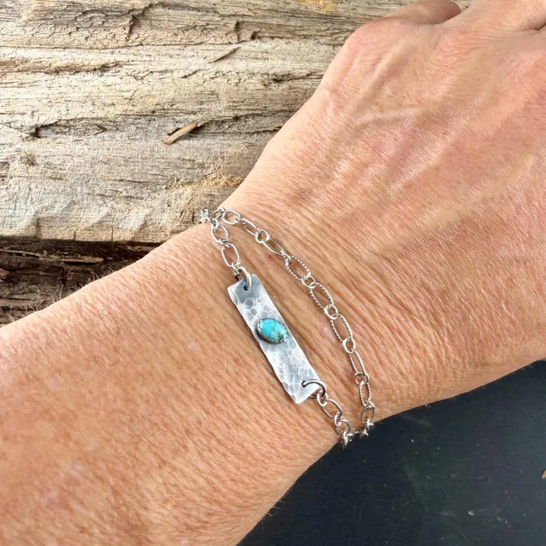Sterling Silver Turquoise Double Strand Bar Chain Bracelet • Minimal Western Style • Number 8 Turquoise