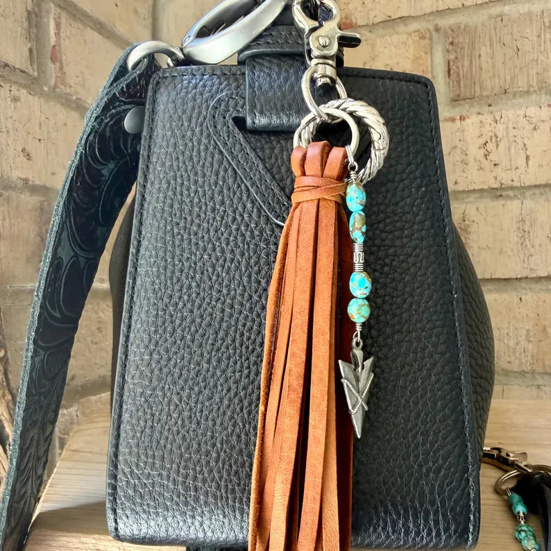 Leather Tassel Keychain • Kingman Turquoise & Arrowhead • Western Accent