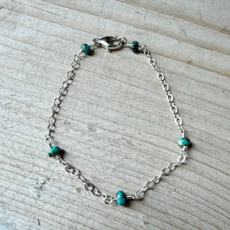 Turquoise Sterling Silver Chain Bracelet • Hand‑Wrapped Gemstone Jewelry
