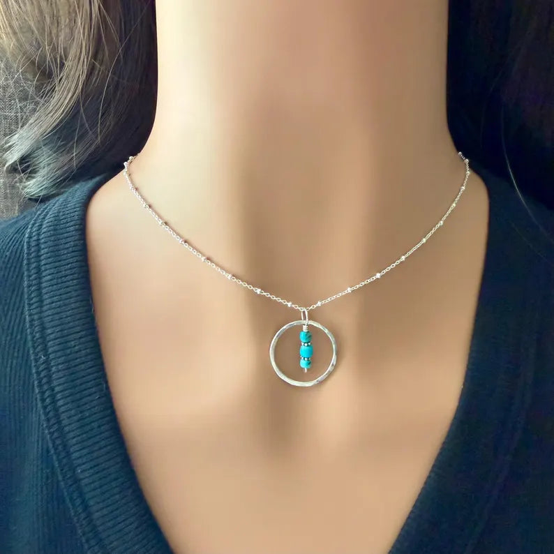 Arizona Blue Turquoise Circle Pendant Necklace • Sterling Silver • Southwestern Jewelry