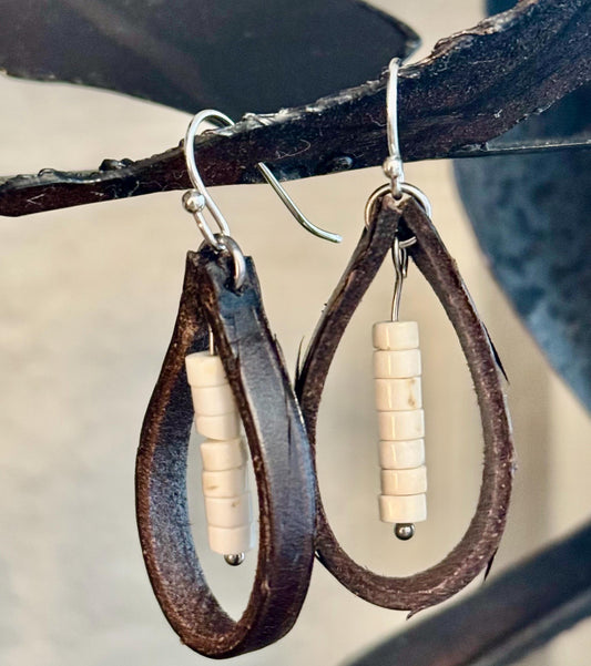Leather earrings with white turquoise dangle / genuine leather earring wrap