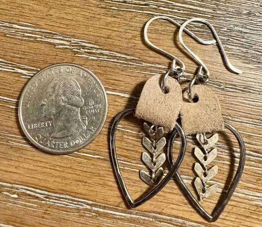 Leather teardrop earrings with chevron chain / genuine suede leather earrings