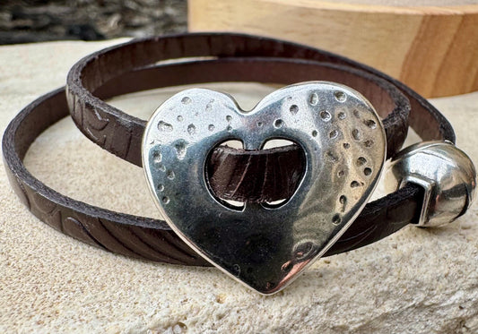 Leather wrap leather bracelet with heart pendant bracelet and magnet closure / embossed flower pattern or plain leather option