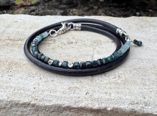 Leather wrap bracelet with Tourmaline Paraiba Blue gemstones / beads