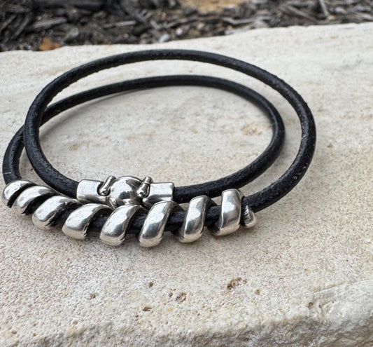 Leather bracelet with silver slider, magnet closure / wrap leather bracelet