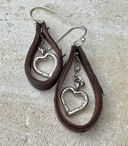 Leather earrings with heart chain and pendant / genuine leather earrings