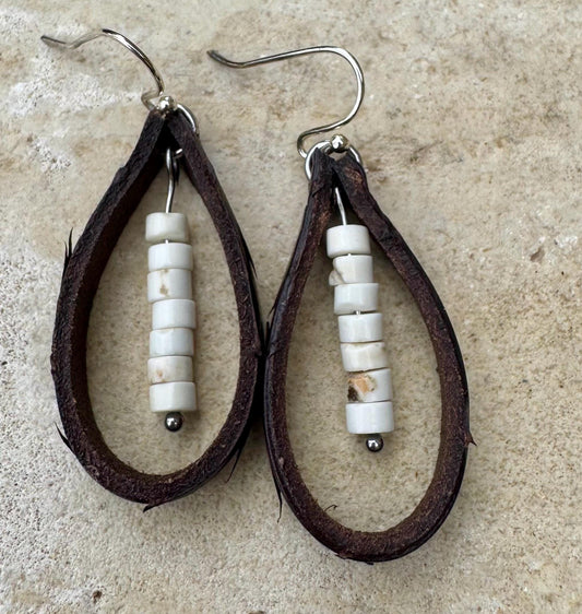 Leather earrings with white turquoise dangle / genuine leather earring wrap