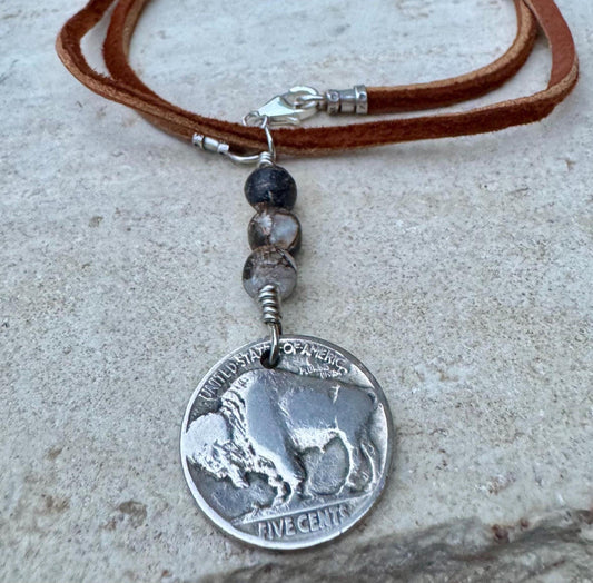Indian head buffalo nickel on genuine deerskin single leather lace with white buffalo gemstone
