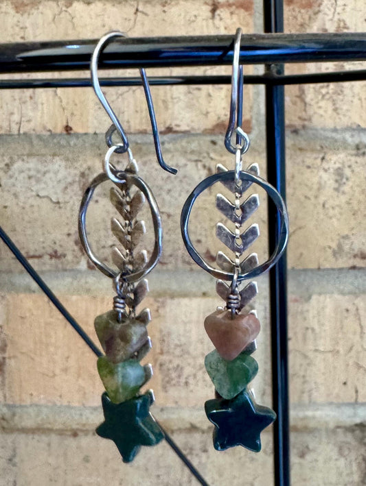 Indian Agate star and heart gemstone dangle earrings with circle and chevron chain