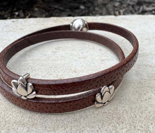 Camel leather wrap bracelet with lotus flower spacers and magnet closure