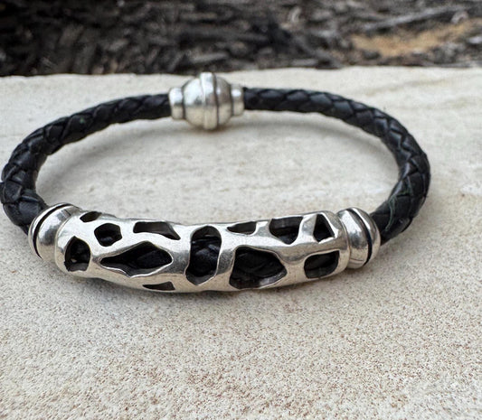 Braided leather bracelet with silver slider and magnet closure / wrap leather bracelet