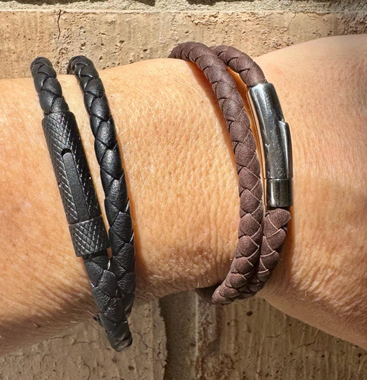 Braided leather wrap bracelet with bayonet closure/ double wrap genuine leather bracelet