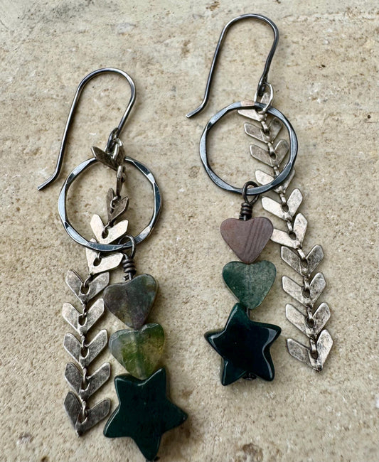 Indian Agate star and heart gemstone dangle earrings with circle and chevron chain