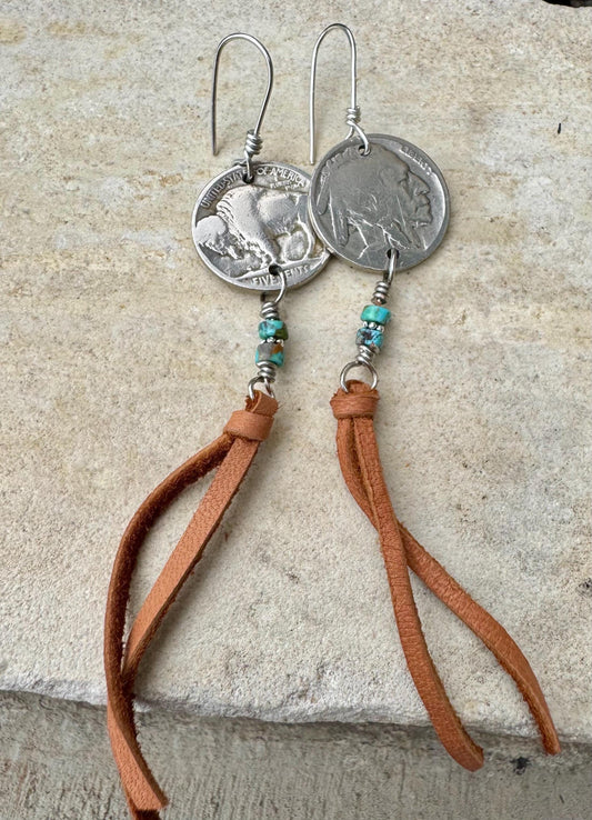 Indian head buffalo nickel earrings with deerskin leather and turquoise gemstone / leather earrings