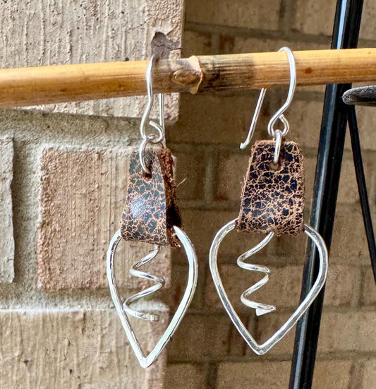 Leather earrings, teardrop hammered style, with sterling spiral dangle / genuine leather earrings