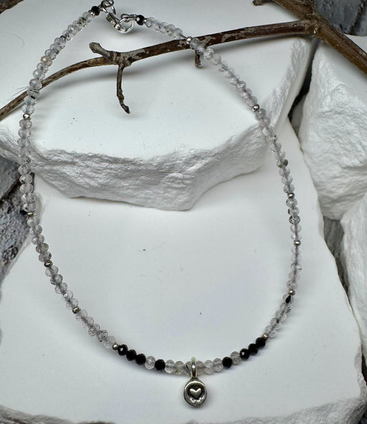 Hematite Phantom Quartz and Black Spinel anklet with sterling heart charm / sterling silver gemstone ankle bracelet