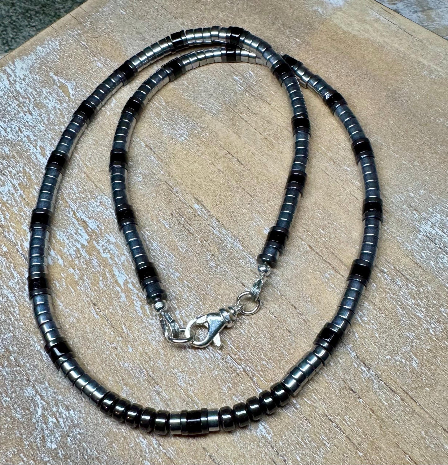 Hematite and Black Onyx gemstone necklace / sterling silver gemstone beaded necklace