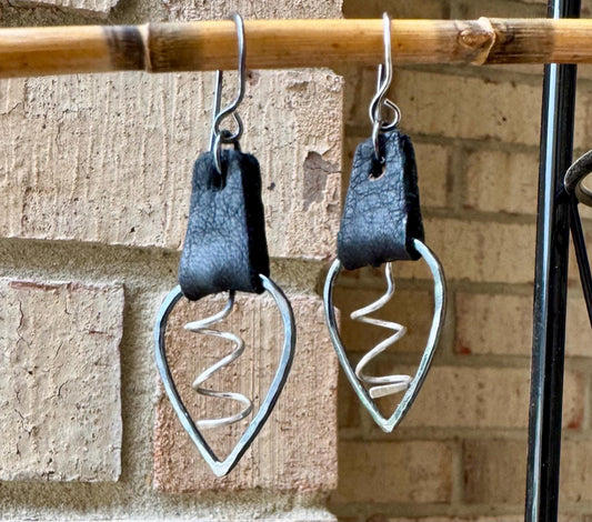 Leather earrings, teardrop hammered style, with sterling spiral dangle / genuine leather earrings