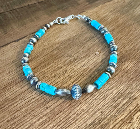 Turquoise Navajo pearl torpedo bracelet / beaded gemstone sterling silver bracelet