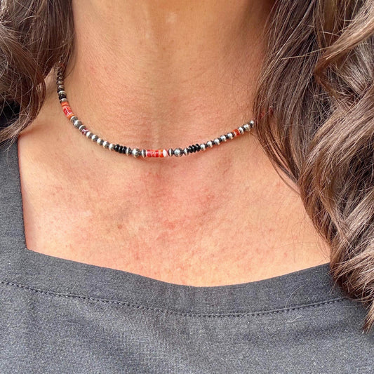 Navajo Pearl Gemstone Necklace, Onyx & Spiny Oyster, Sterling Silver Choker, Unique Gift, Authentic Native Necklace, Southwest Necklace