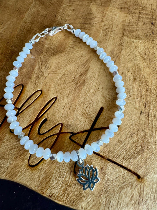 Mother of Pearl bracelet with lotus flower charm/ sterling silver beaded gemstone bracelet