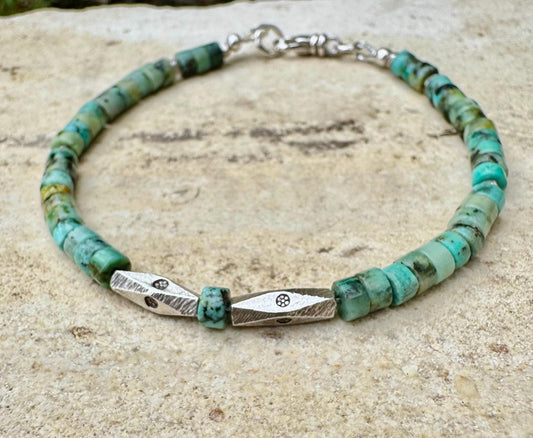 Sterling Silver and African Turquoise Bracelet, Gemstone Beaded Bracelet, Handmade Jewelry, Gift Idea