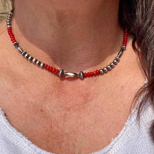 Navajo Pearl with Red Bamboo Coral Necklace, Gemstone Beaded Choker, Sterling Silver Necklace, Southwest Jewelry, Authentic Native Necklace
