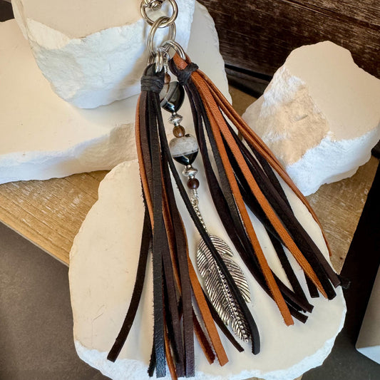 Leather Purse Tassel with Black Tuxedo Agate, Beaded Handbag Tassel, Gemstone Accessory, Unique Purse Charm, Leather Purse Charm