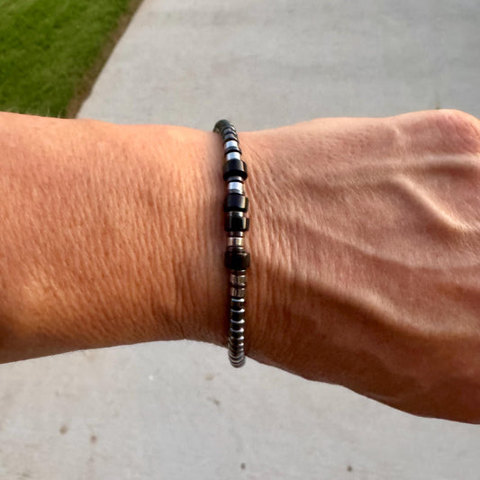 Black Onyx Bracelet with Hematite, Sterling Silver Beaded Bracelet, Gemstone Bracelet, Unisex Jewelry, Men's Bracelet, Gift Idea