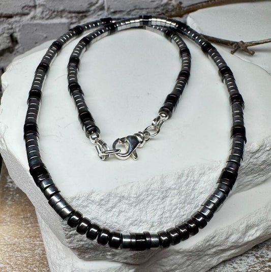 Hematite and Black Onyx gemstone necklace / sterling silver gemstone beaded necklace