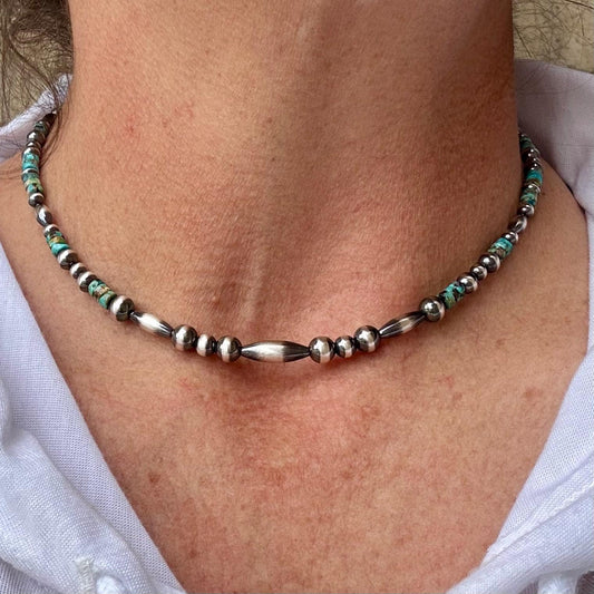 Turquoise and Navajo Pearl Necklace, Western Necklace, Sterling Silver Authentic Native Jewelry, Southwestern Necklace, Turquoise Jewelry
