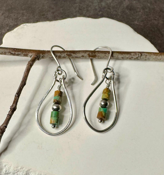 Turquoise and Navajo Pearl Earrings, Teardrop Dangle Style, Sterling Silver, Turquoise Earrings, Gift for Her