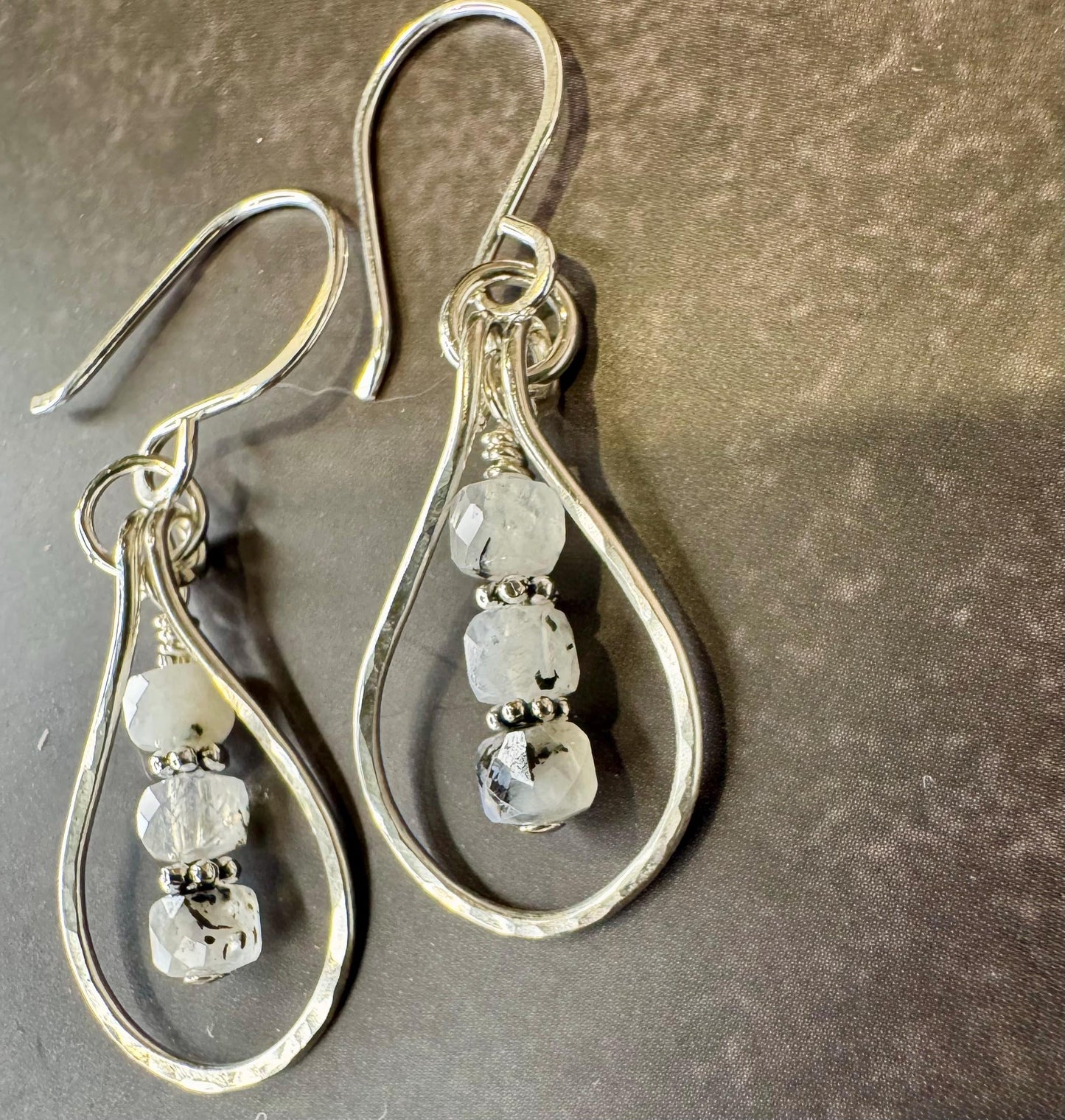 Rainbow Moonstone Dangle Earrings, Sterling Silver Earrings, Teardrop Earrings, Moonstone with Black Tourmaline, Moonstone Jewelry