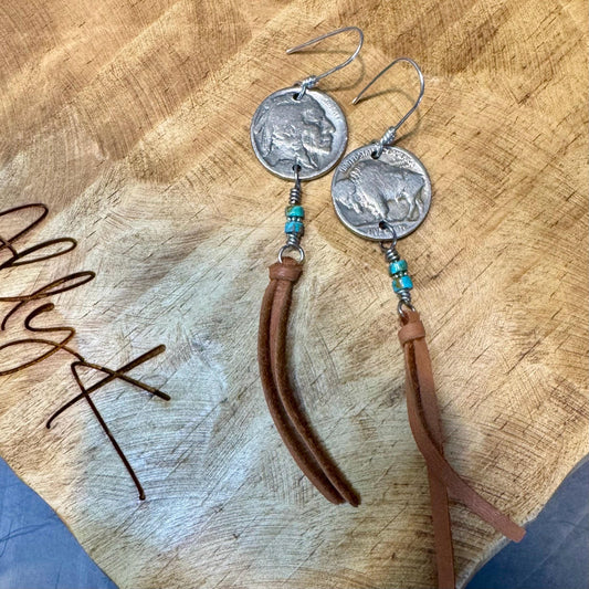 Indian head buffalo nickel earrings with deerskin leather and turquoise gemstone / leather earrings