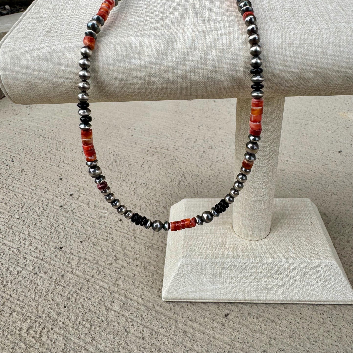 Navajo Pearl Gemstone Necklace, Onyx & Spiny Oyster, Sterling Silver Choker, Unique Gift, Authentic Native Necklace, Southwest Necklace