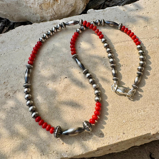 Navajo Pearl with Red Bamboo Coral Necklace, Gemstone Beaded Choker, Sterling Silver Necklace, Southwest Jewelry, Authentic Native Necklace