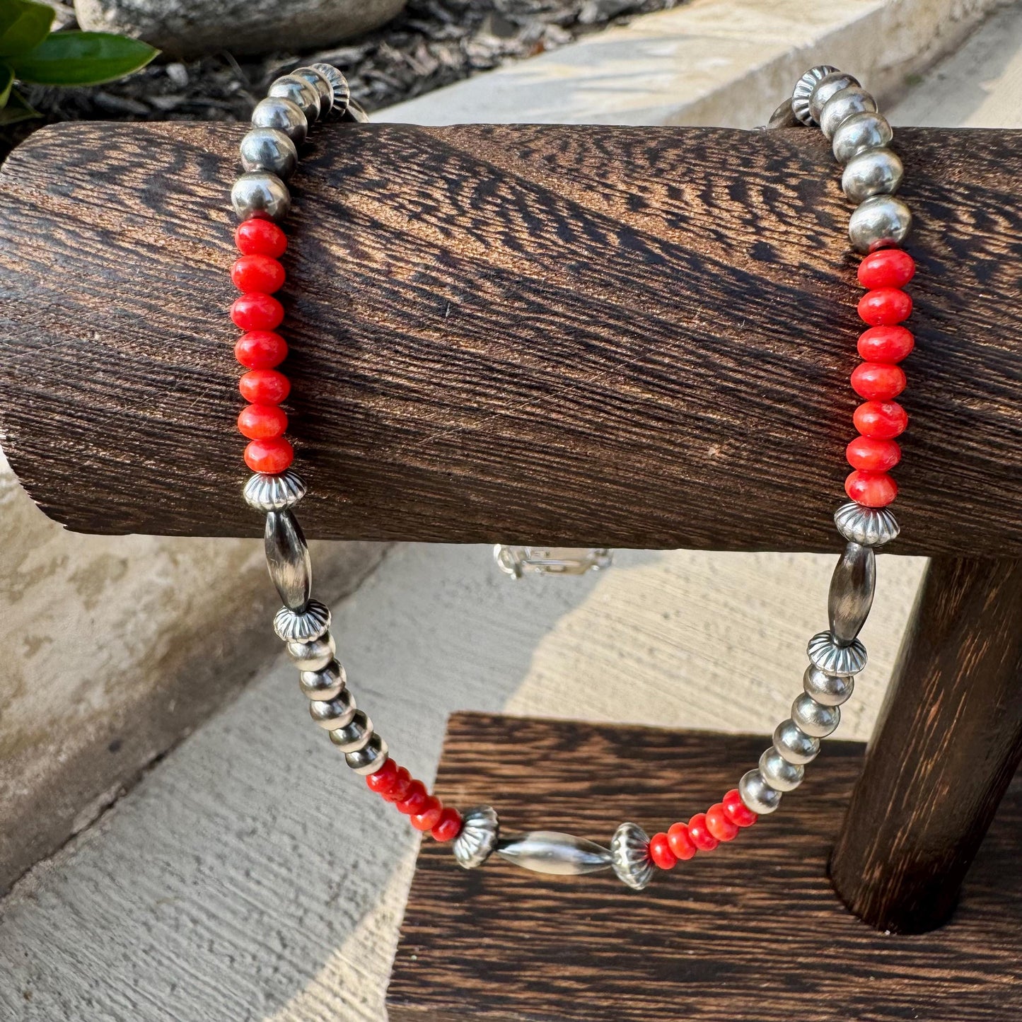 Navajo Pearl with Red Bamboo Coral Necklace, Gemstone Beaded Choker, Sterling Silver Necklace, Southwest Jewelry, Authentic Native Necklace