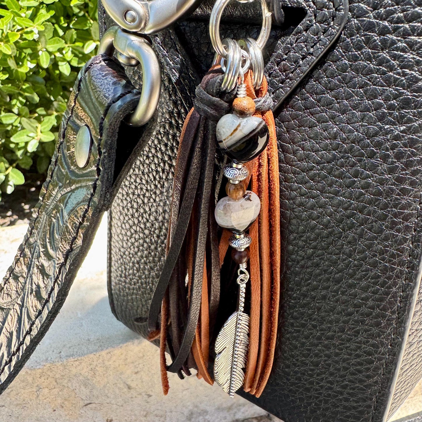 Leather Purse Tassel with Black Tuxedo Agate, Beaded Handbag Tassel, Gemstone Accessory, Unique Purse Charm, Leather Purse Charm