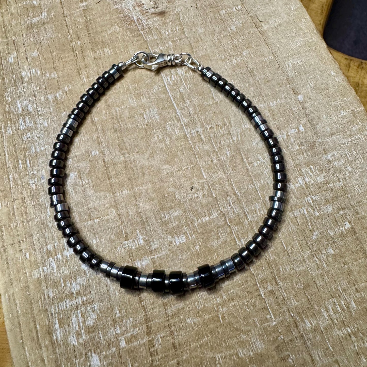 Black Onyx Bracelet with Hematite, Sterling Silver Beaded Bracelet, Gemstone Bracelet, Unisex Jewelry, Men's Bracelet, Gift Idea