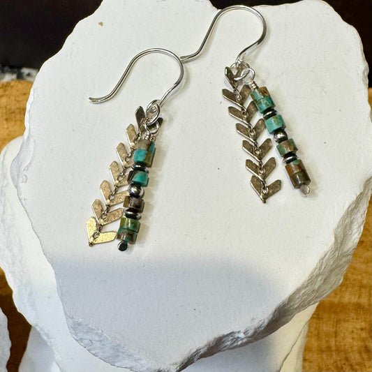Navajo pearls with turquoise dangle drop earrings and chevron chain