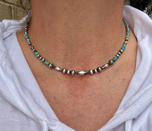 Turquoise and Navajo Pearl Necklace, Western Necklace, Sterling Silver Authentic Native Jewelry, Southwestern Necklace, Turquoise Jewelry