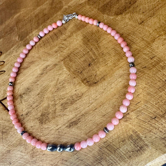 Angel Skin Pink Coral and Navajo Pearl Ankle Bracelet, Southwestern Pearl Anklet, Coral Anklet, Bohemian Foot Jewelry, Beach Anklet
