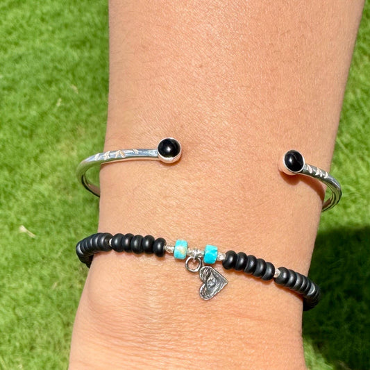 Sterling Silver Black Onyx Turqoise Bracelet, Gemstone Charm Bracelet, Heart Eye Charm Bracelet, Unisex Onyx Bracelet
