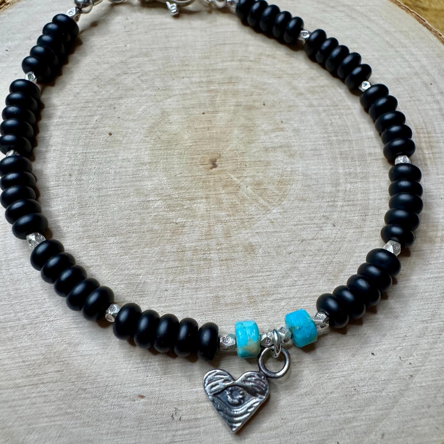 Sterling Silver Black Onyx Turqoise Bracelet, Gemstone Charm Bracelet, Heart Eye Charm Bracelet, Unisex Onyx Bracelet