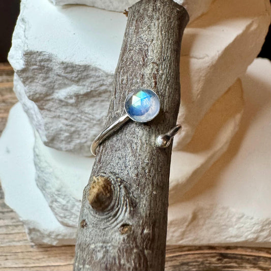 Sterling Silver Rainbow Moonstone Ring, Open Adjustable Ring, Ball End Accent, Gemstone Gift, Unique Gift