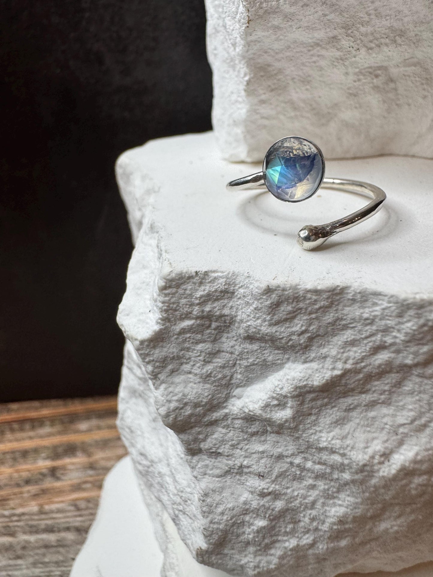 Sterling Silver Rainbow Moonstone Ring, Open Adjustable Ring, Ball End Accent, Gemstone Gift, Unique Gift