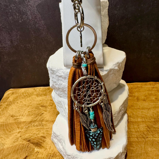 Turquoise and Leather Purse Tassel, Dream Catcher, Feather and Arrow Charm, Beaded Handbag Tassel, Western Accessory, Leather Handbag Charm