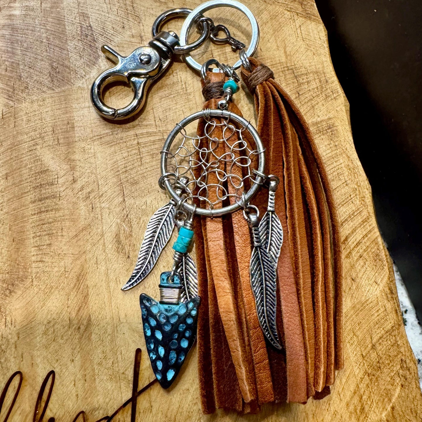 Turquoise and Leather Purse Tassel, Dream Catcher, Feather and Arrow Charm, Beaded Handbag Tassel, Western Accessory, Leather Handbag Charm