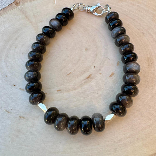 Sterling Silver Obsidian Bracelet, Sterling Silver Beaded Bracelet, Sterling Silver Obsidian Bracelet