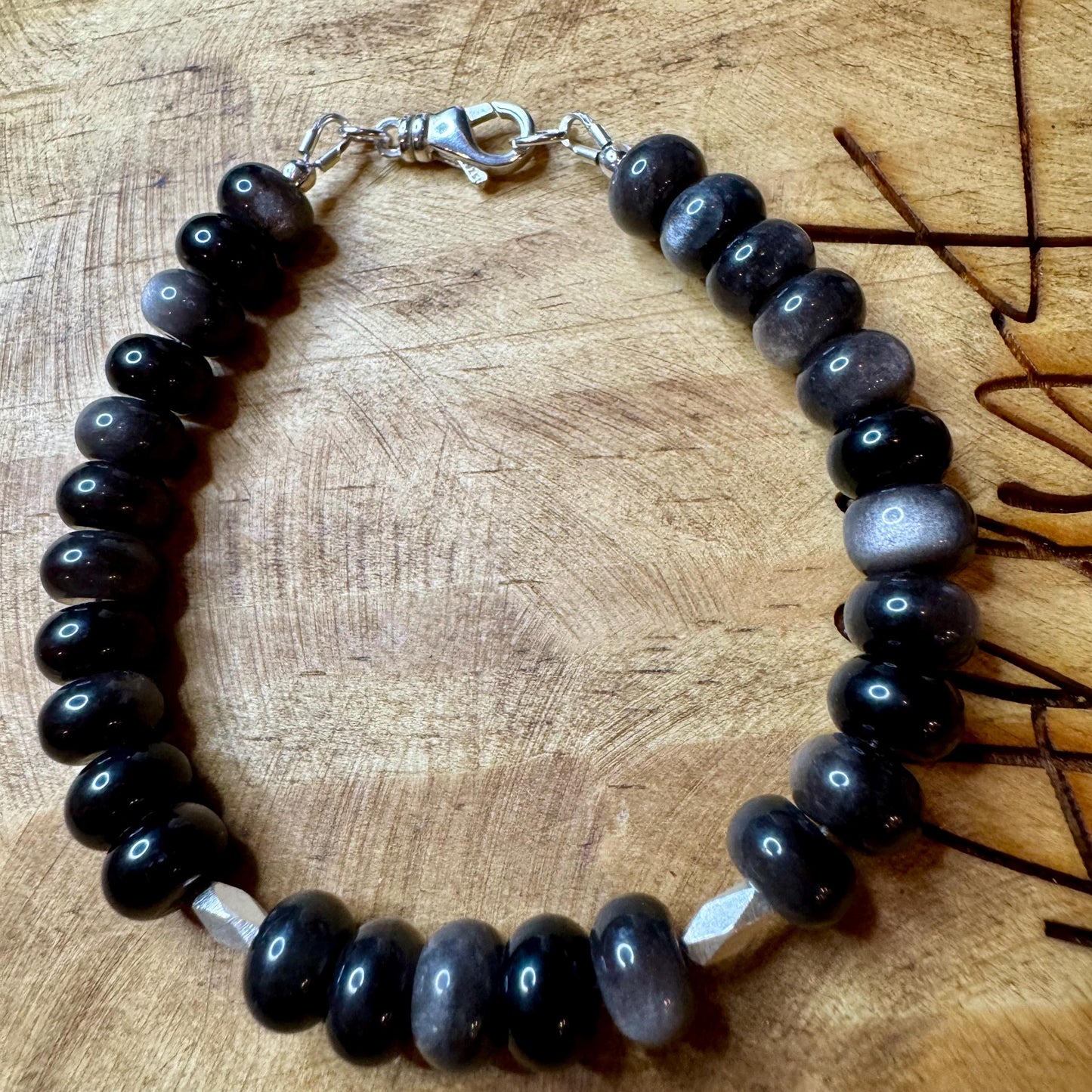 Sterling Silver Obsidian Bracelet, Sterling Silver Beaded Bracelet, Sterling Silver Obsidian Bracelet